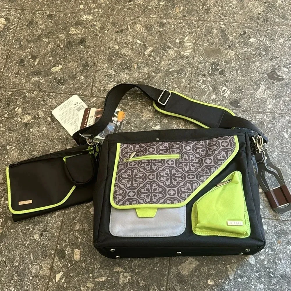 JJ Cole black/lime/gray pattern multi compartment adjustable strap diaper bag